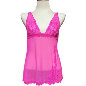 Victoria's Secret Plunge Lace Mesh Lingerie Nightie Hot Pink Small